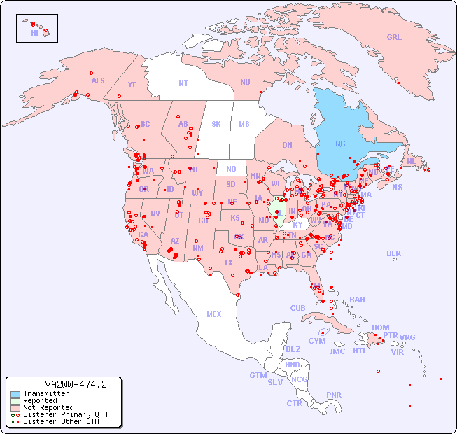 North American Reception Map for VA2WW-474.2