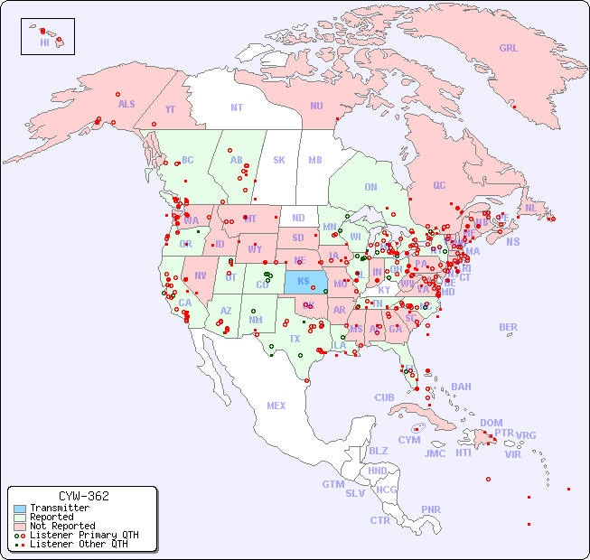 North American Reception Map for CYW-362
