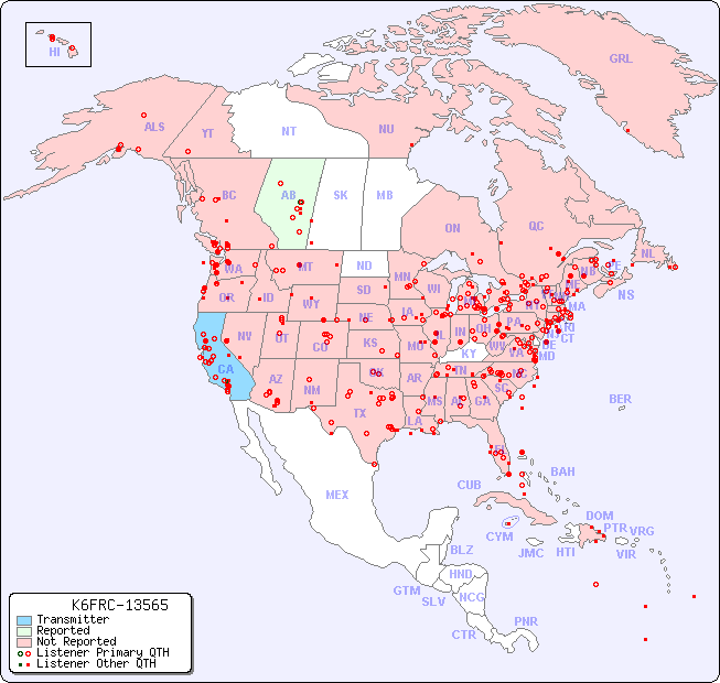 North American Reception Map for K6FRC-13565