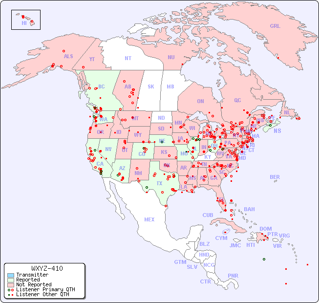North American Reception Map for WXYZ-410