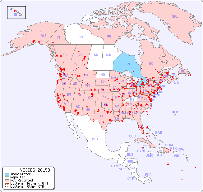 North American Reception Map for VE3IDS-28153