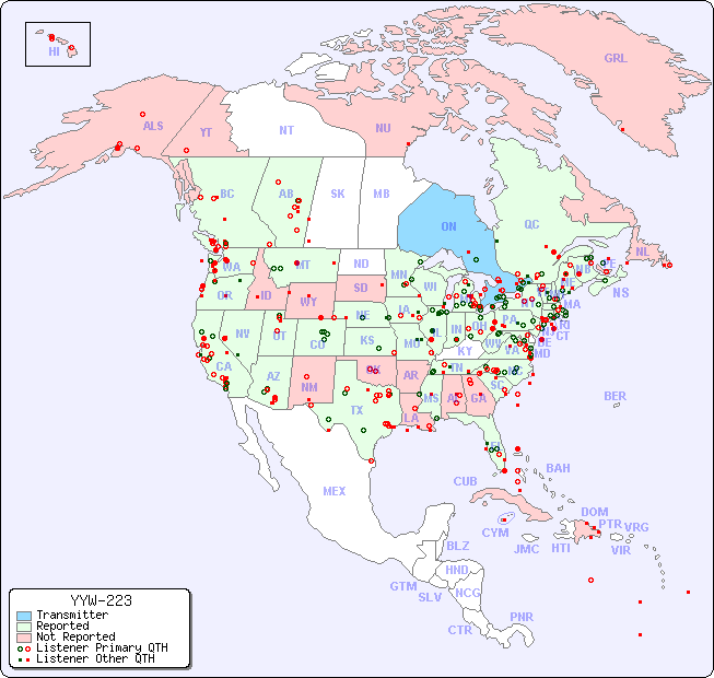 North American Reception Map for YYW-223