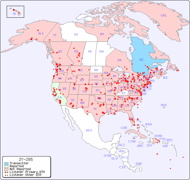 North American Reception Map for 2Y-285