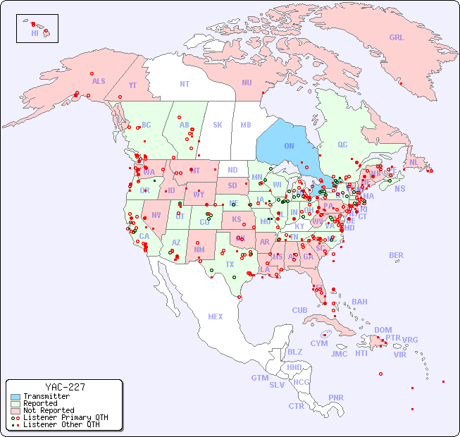 North American Reception Map for YAC-227