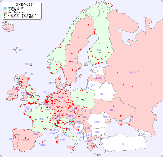 European Reception Map for OK0EV-1854