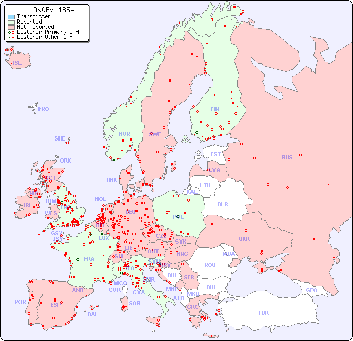 European Reception Map for OK0EV-1854