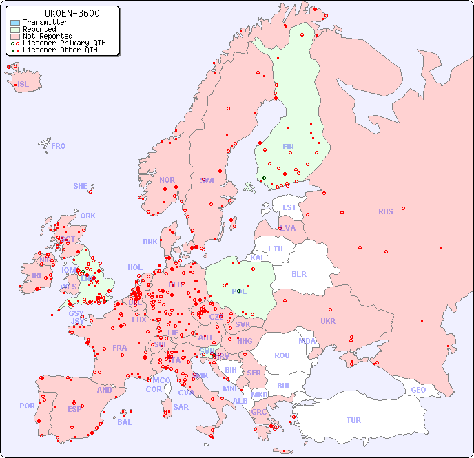 European Reception Map for OK0EN-3600