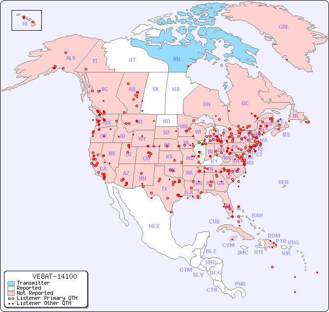 North American Reception Map for VE8AT-14100