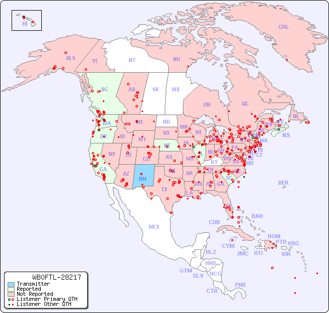 North American Reception Map for WB0FTL-28217