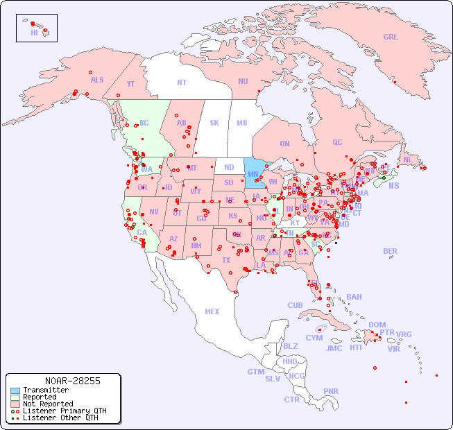 North American Reception Map for N0AR-28255