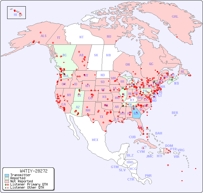 North American Reception Map for W4TIY-28272