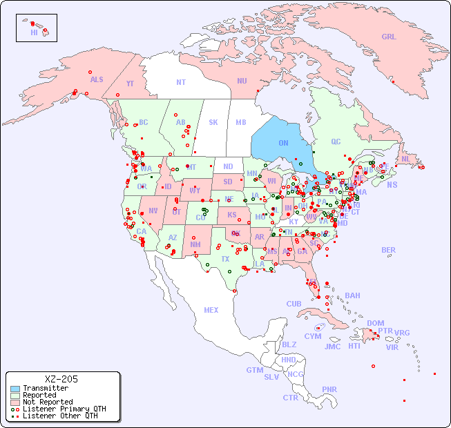 North American Reception Map for XZ-205