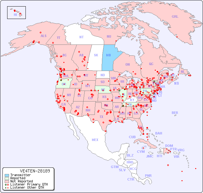 North American Reception Map for VE4TEN-28189