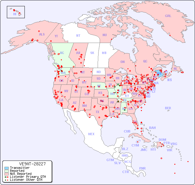 North American Reception Map for VE9AT-28227
