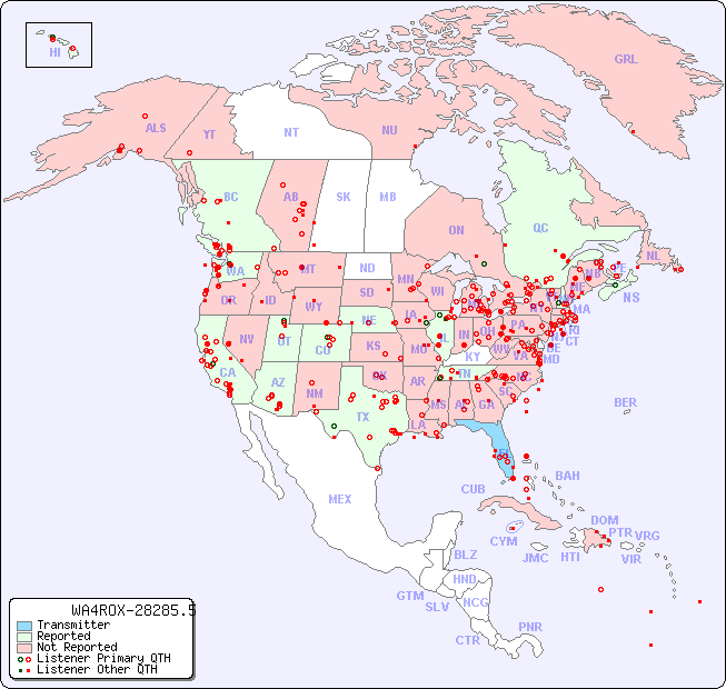 North American Reception Map for WA4ROX-28285.5