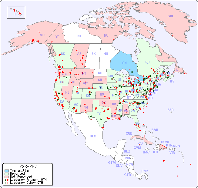 North American Reception Map for YXR-257