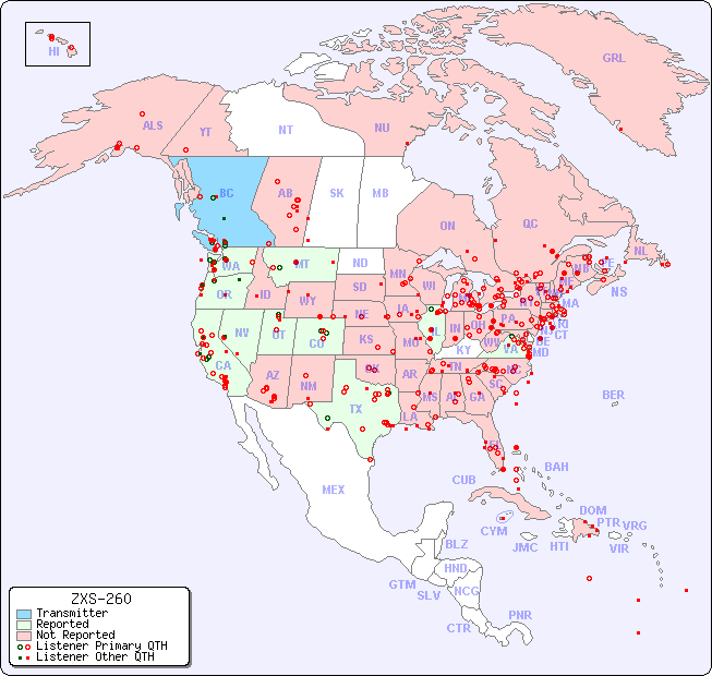 North American Reception Map for ZXS-260