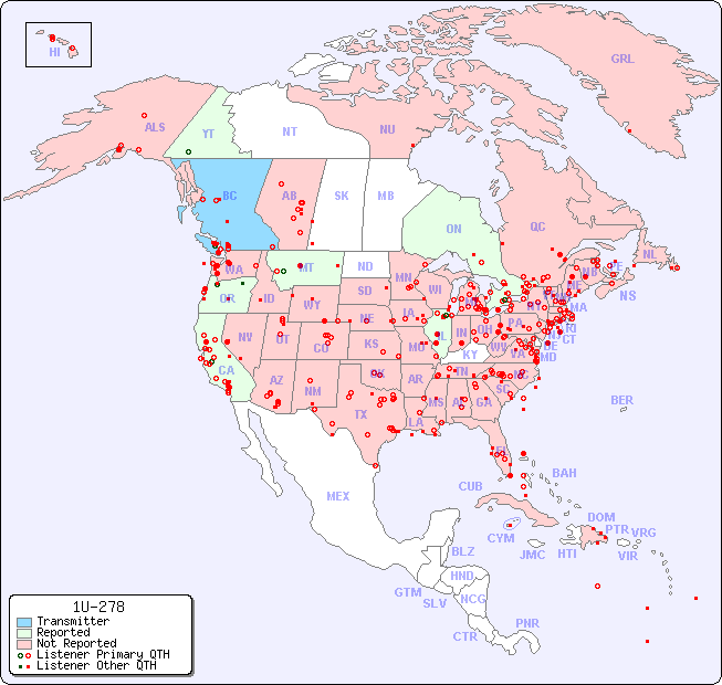 North American Reception Map for 1U-278