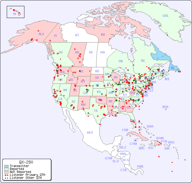 North American Reception Map for QX-280