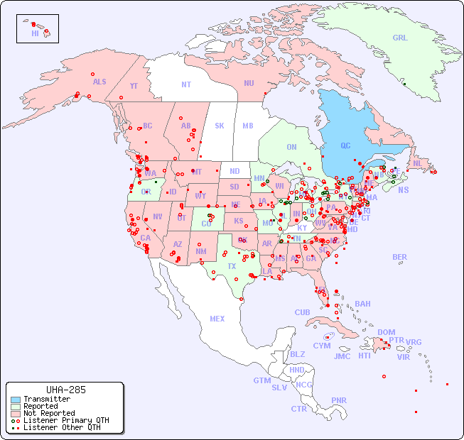 North American Reception Map for UHA-285