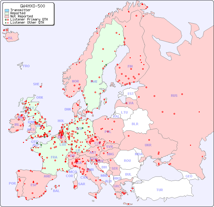 European Reception Map for GW4HXO-500