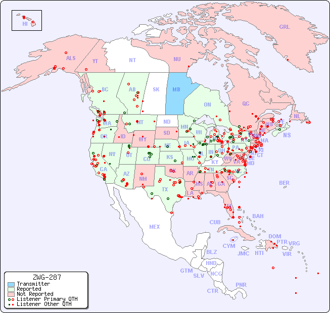 North American Reception Map for ZWG-287