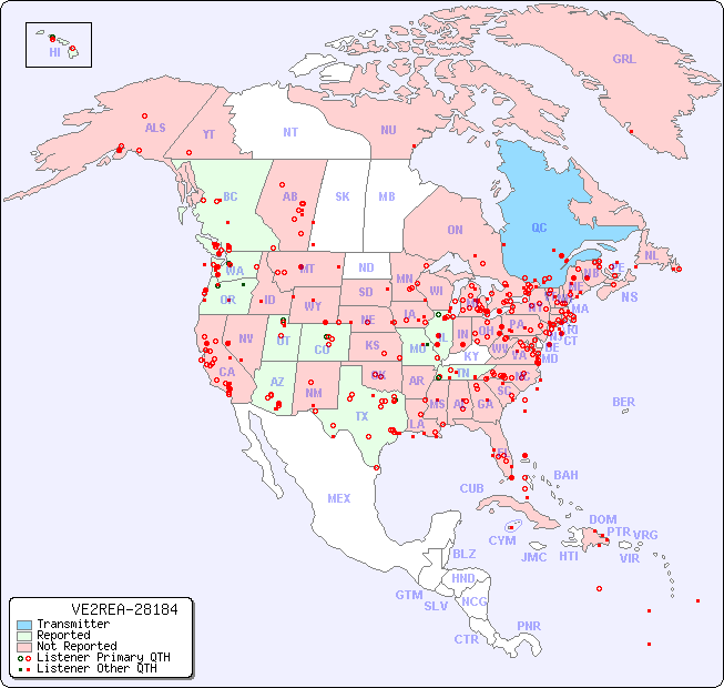 North American Reception Map for VE2REA-28184