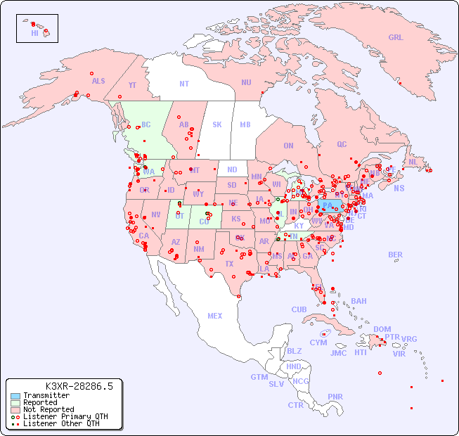 North American Reception Map for K3XR-28286.5
