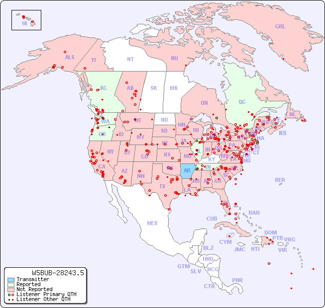 North American Reception Map for W5BUB-28243.5
