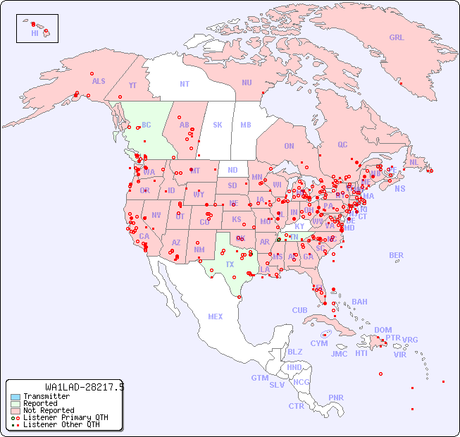 North American Reception Map for WA1LAD-28217.5