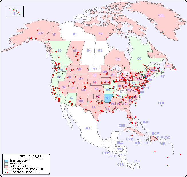 North American Reception Map for K5TLJ-28291