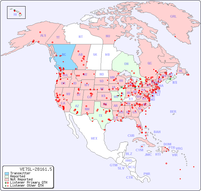 North American Reception Map for VE7SL-28161.5