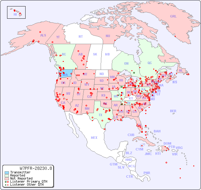 North American Reception Map for W7PFR-28230.8