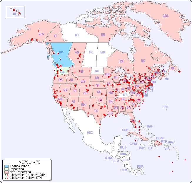 North American Reception Map for VE7SL-473