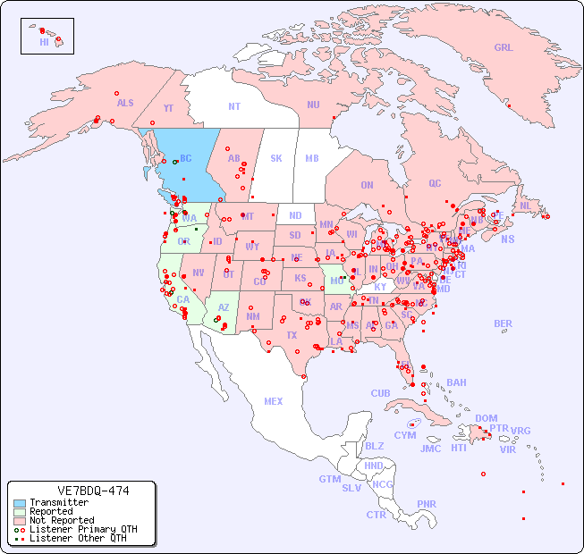 North American Reception Map for VE7BDQ-474