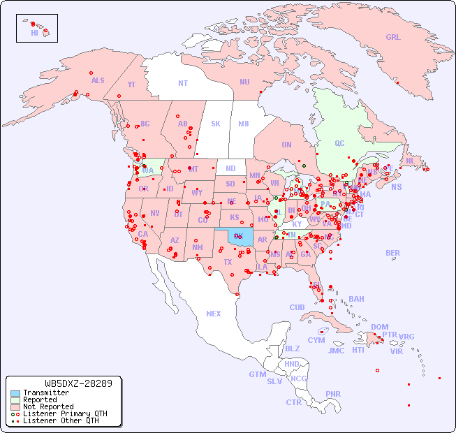 North American Reception Map for WB5DXZ-28289