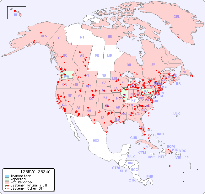 North American Reception Map for IZ8RVA-28240