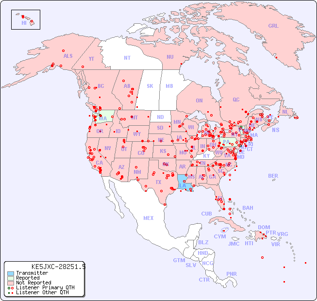 North American Reception Map for KE5JXC-28251.5