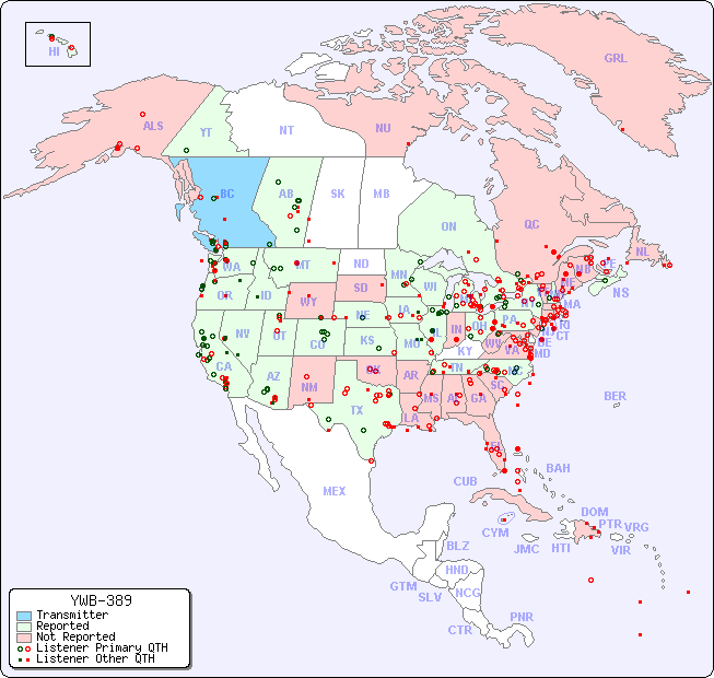 North American Reception Map for YWB-389