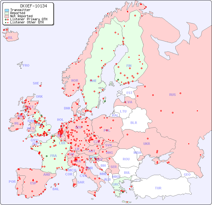 European Reception Map for OK0EF-10134