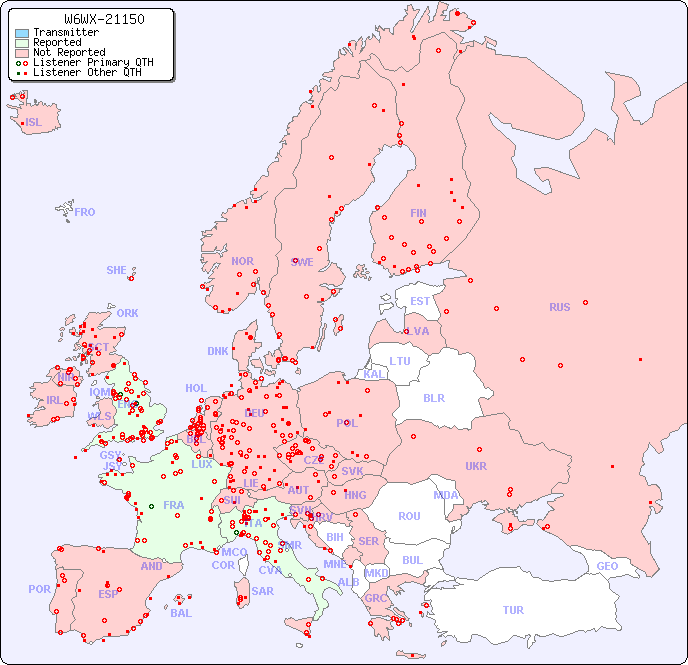 European Reception Map for W6WX-21150