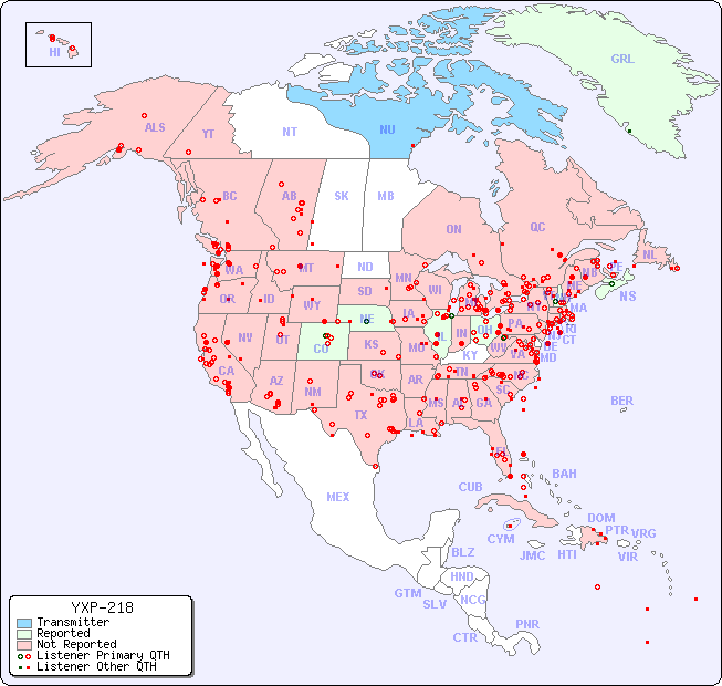 North American Reception Map for YXP-218
