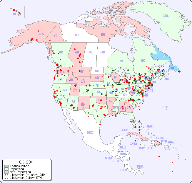 North American Reception Map for QX-280