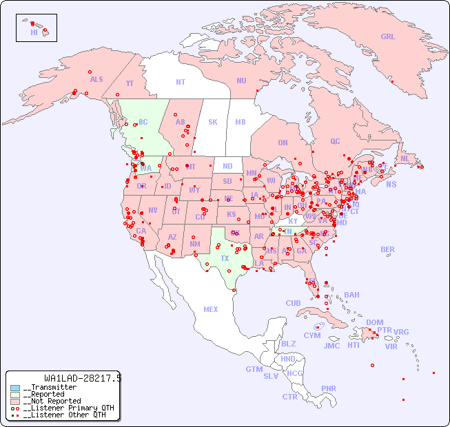 __North American Reception Map for WA1LAD-28217.5