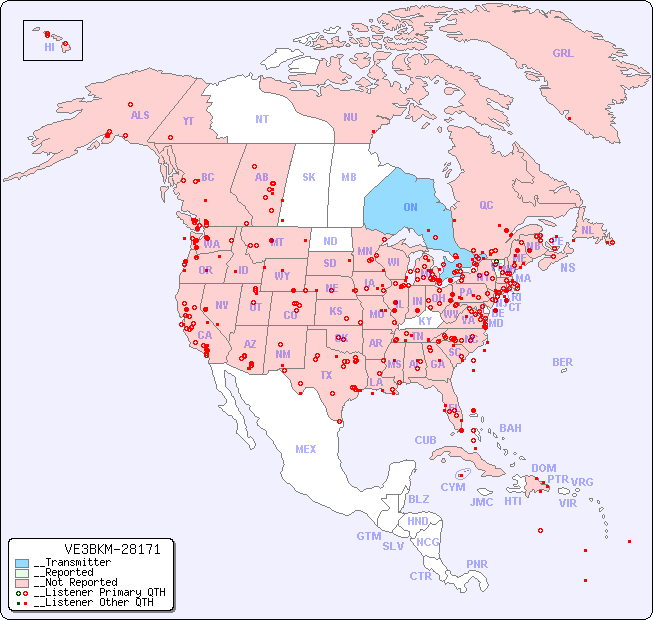 __North American Reception Map for VE3BKM-28171