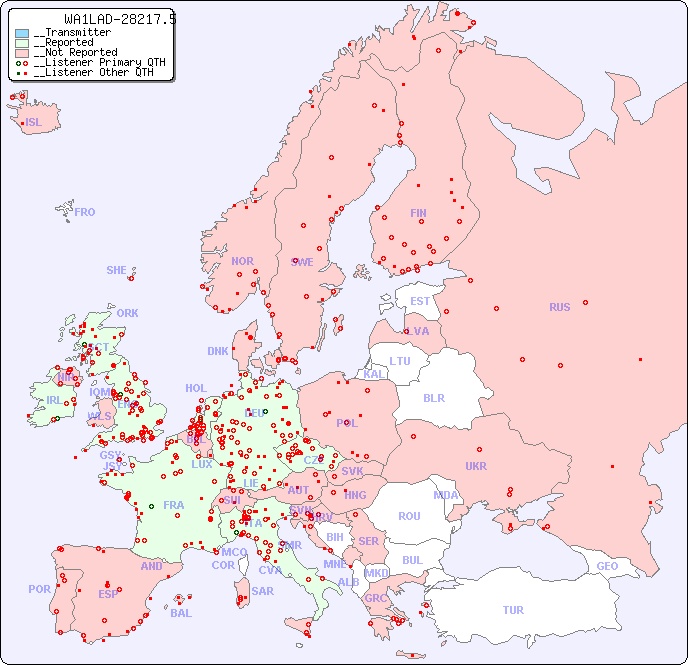 __European Reception Map for WA1LAD-28217.5
