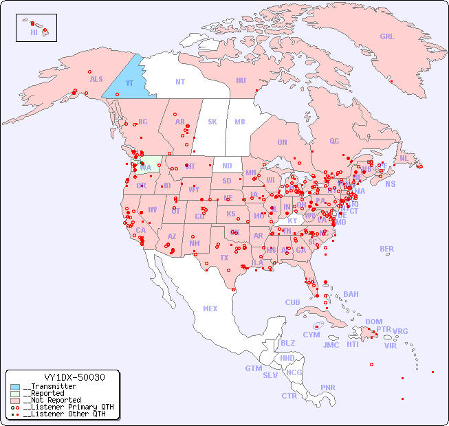 __North American Reception Map for VY1DX-50030