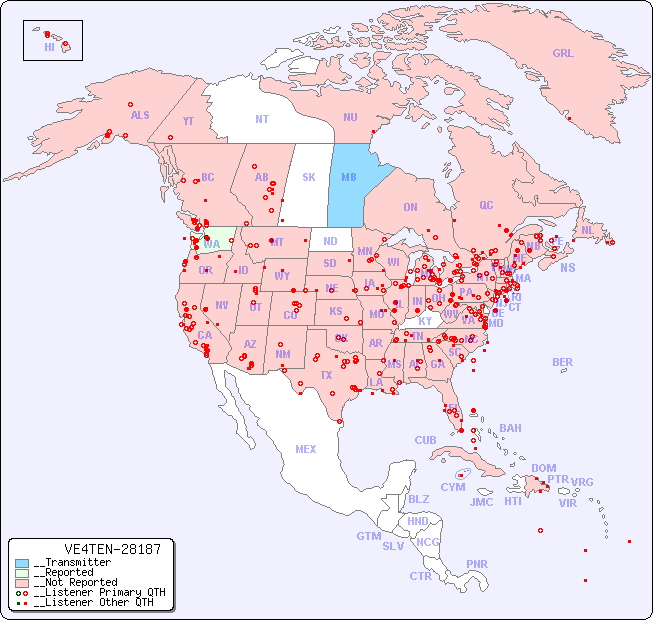 __North American Reception Map for VE4TEN-28187