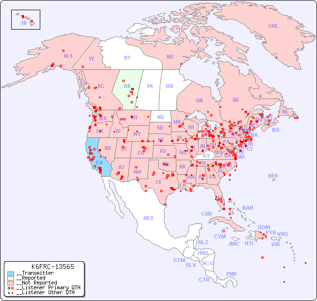 __North American Reception Map for K6FRC-13565